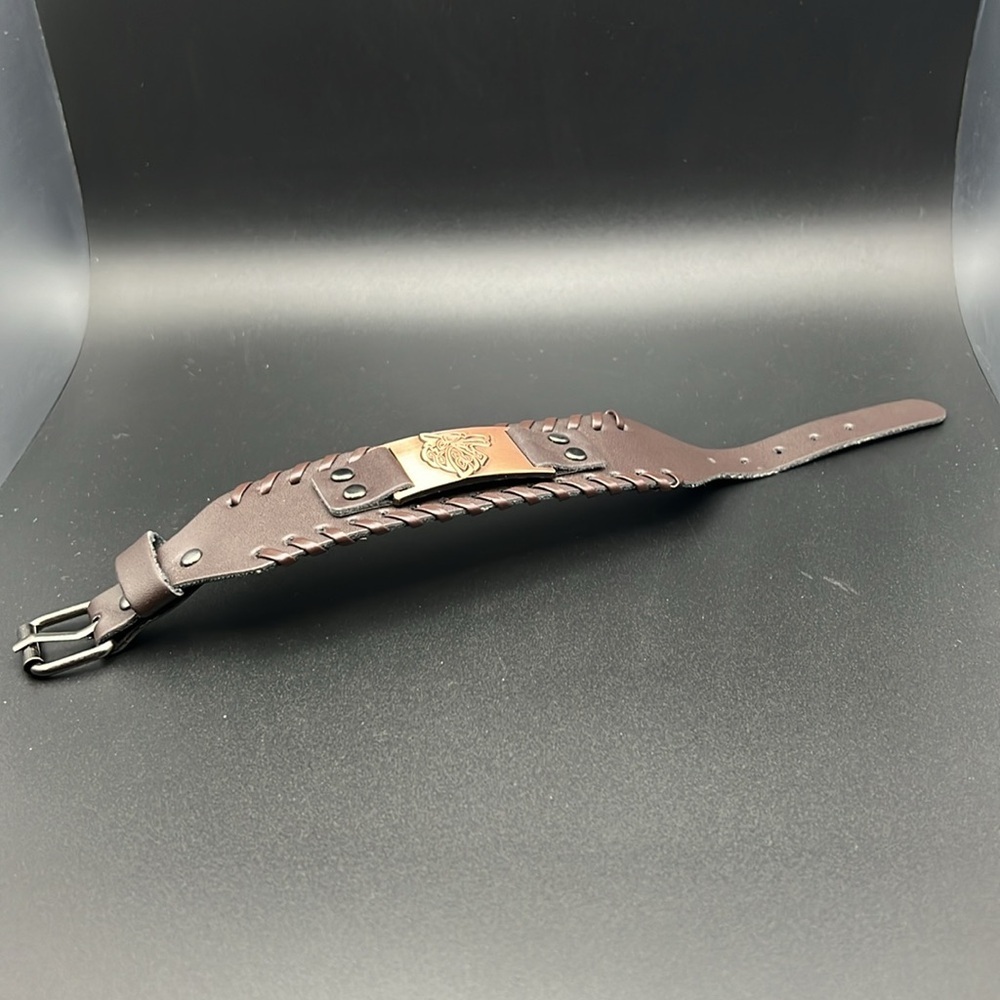 PRICE IS FIRM - Handmade Bronze Wolf Faux Leather Bracelet - Picture 6 of 7
